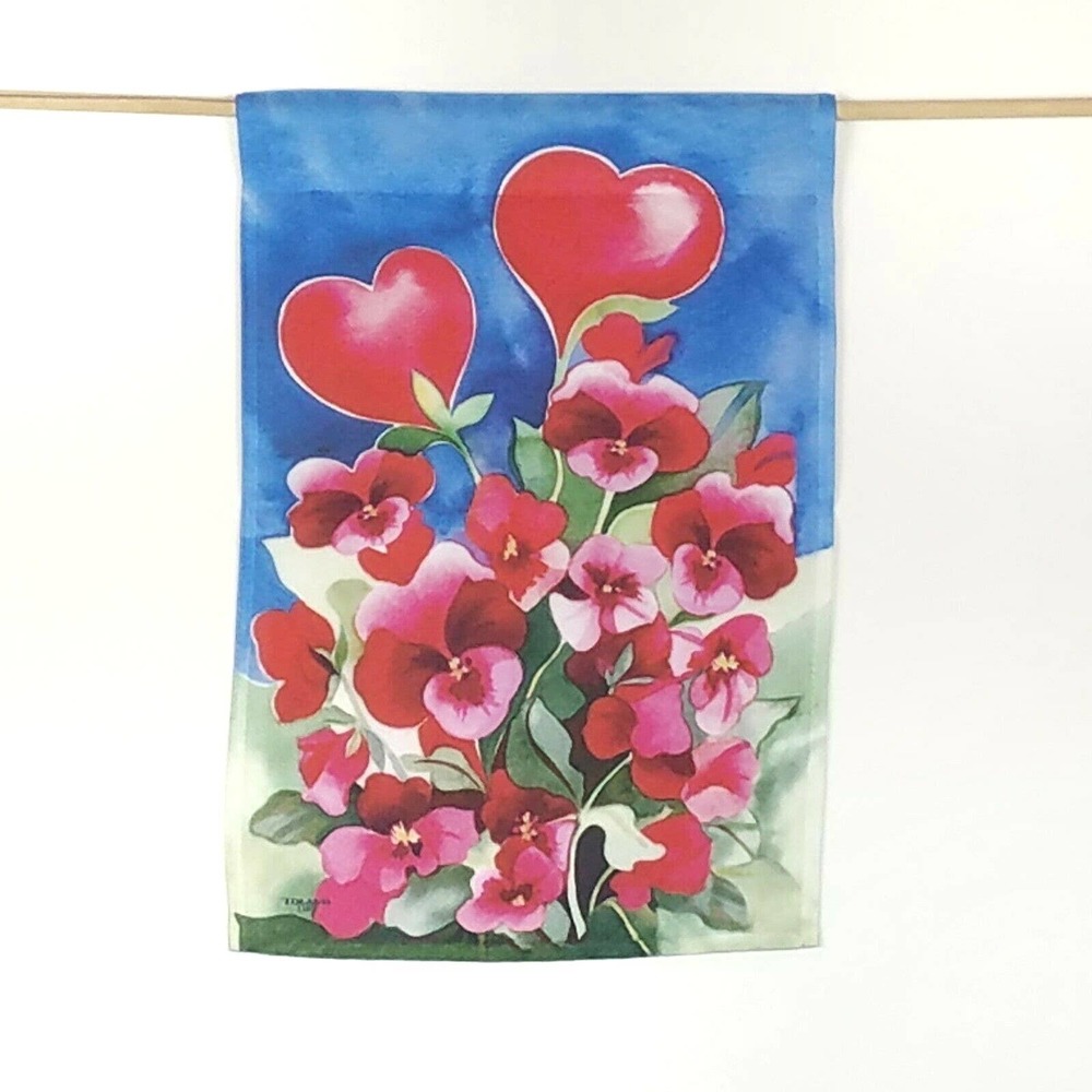 Red Pansies Heart Shape Flowers 12.5 x 18 Garden Flag Banner